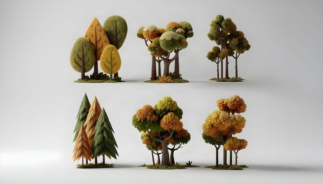 Set of 3D rendered stylized autumn trees and evergreen pines featuring textured foliage in green, yellow, and orange on isolated small grass mounds.