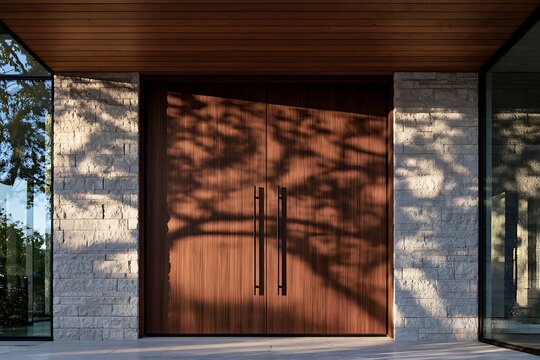 Modern entrance with large wooden double doors, stone walls, and tree shadows cast on the facade during sunset