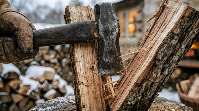 A person wearing leather gloves splitting a log with a heavy iron axe