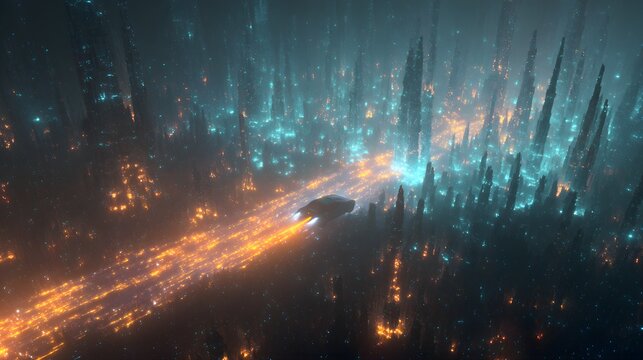 Autonomous Vehicle Navigating Through Ultramicro Nanoscale Semiconductor Transistor Forest with Glowing Light Streams
