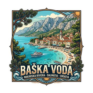 Retro travel poster of baska voda coastal town in croatia