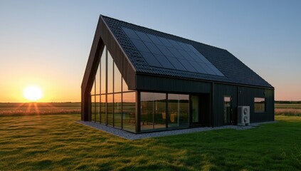 Fototapeta premium Modern Black Barn House with Large Glass Facade at Sunset.