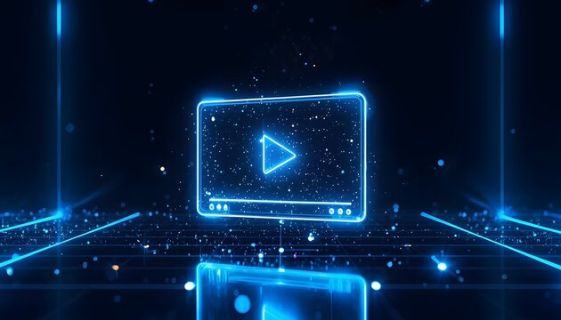 Futuristic neon blue video player interface with glowing digital streaming media elements.