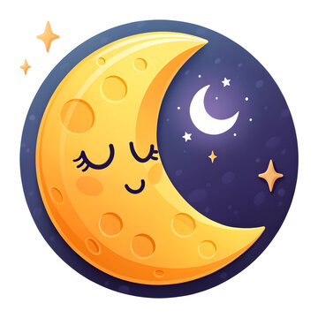 Smiling crescent moon with stars during nighttime with sleepy eyes and cheerful expression for kids