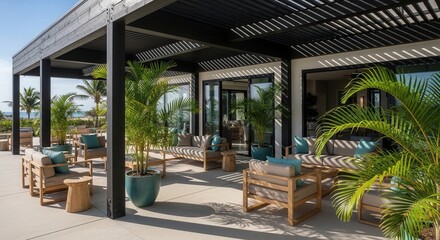 Fototapeta premium Luxury Outdoor Lounge Area With Tropical Ambiance And Ocean View