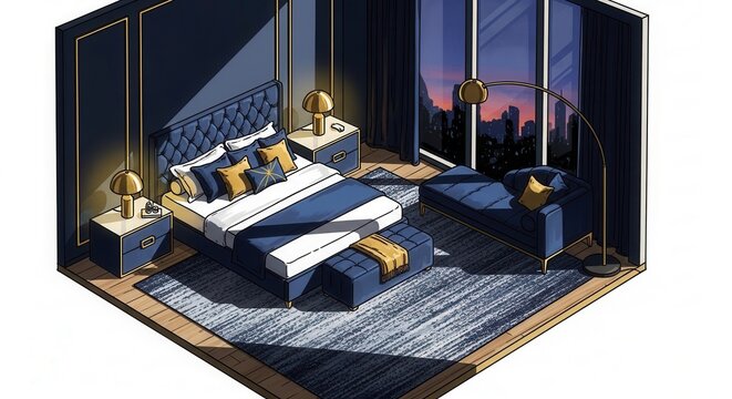 Luxury Bedroom Scene With City View At Sunset