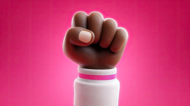 Close-up of a clenched, stylized hand, brown skin, raised in a defiant gesture, against a vibrant pink backdrop