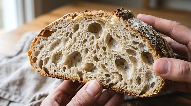Hands holding a freshly baked loaf of rustic sourdough bread