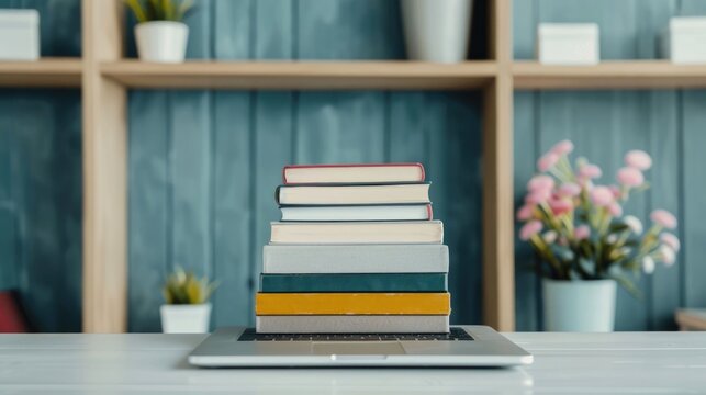 A neat stack of colorful books atop a modern laptop on a desk with blurred shelves greenery and decorative flowers in the background suggesting learning and productivity