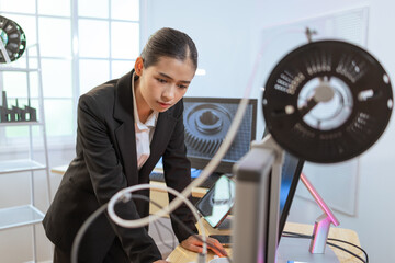 Fototapeta premium Young businesswoman inspecting a 3d printer in a modern office lab, focused on technology and product development.