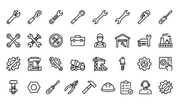 Wrench Maintenance and Repair Thin Line Icon Pack Editable EPS10 Vector