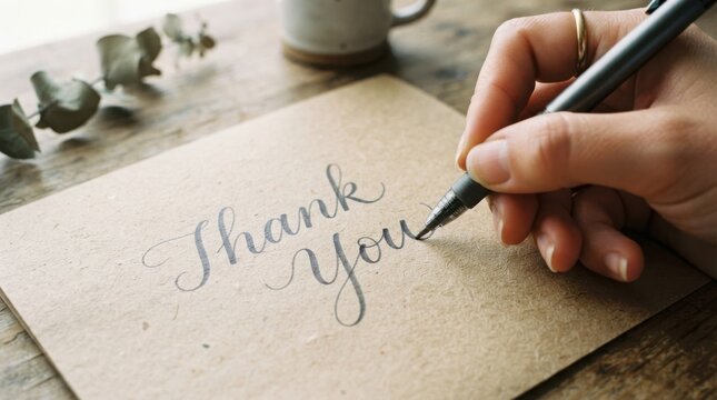 Hand writing thank you message on textured brown paper with black pen
