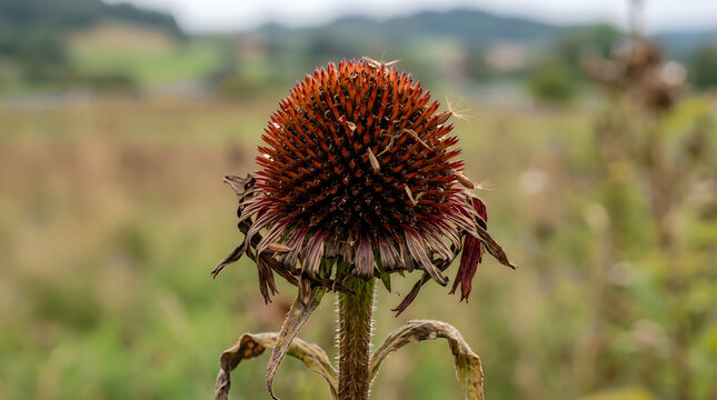 Closeup of a withered coneflower in a meadow during autumn