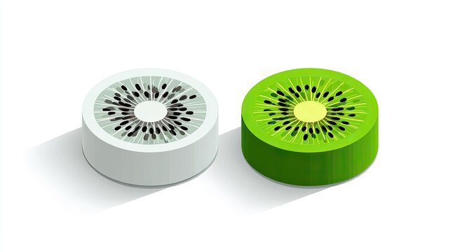 Two isometric kiwi slices, one white, one green, showing seeds