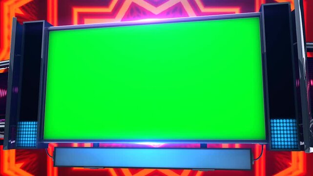 Energetic Neon Concert Stage Screen Billboard Mockup with Green Screen Chroma Key Placeholder and Glowing Red Geometric Motion Background