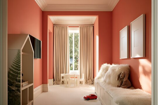 Modern childrens playroom with terracotta walls, a white bench with plush pillows, a small table set, and a toy car on the floor