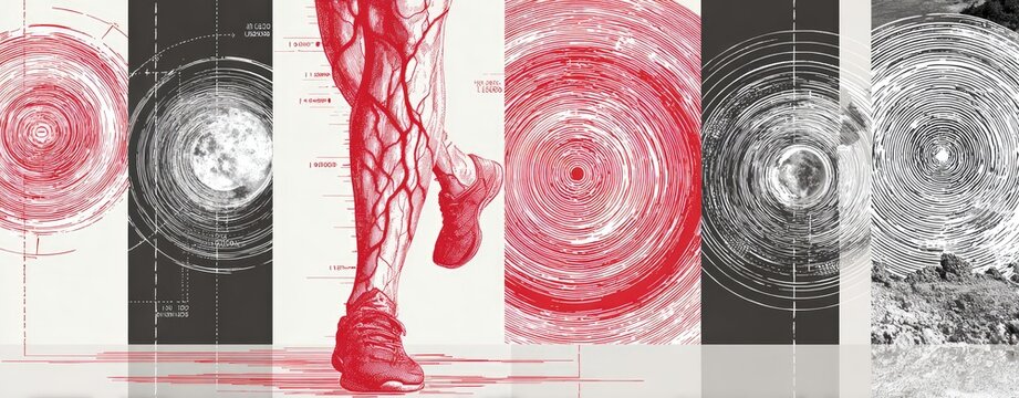 Abstract art featuring a leg with visible veins,  surrounded by swirling circular patterns in red and grayscale