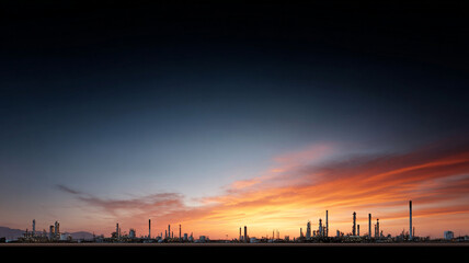 Fototapeta premium Petrochemical plant horizon sunset minimalist refinery industrial silhouette wide orange sky over distant factory skyline