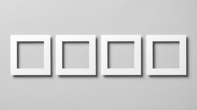 Four empty square white photo frames arranged in a row on a neutral grey wall background
