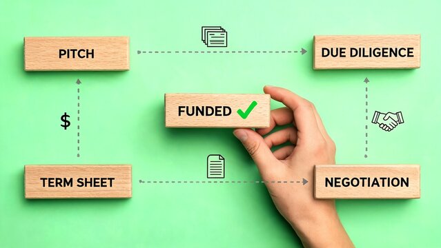 Startup Funding Success Workflow Wooden Blocks for VC Roadshow Strategy