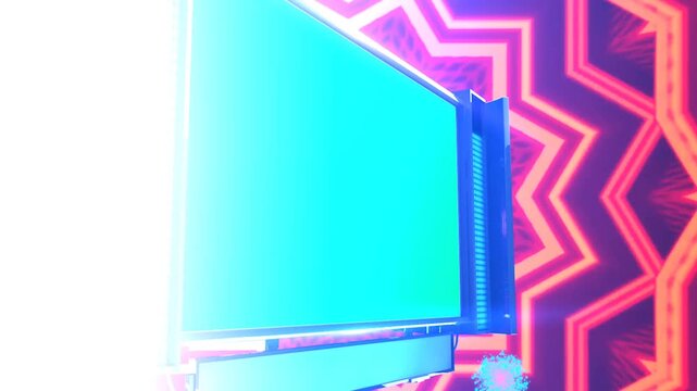High Tech Cyberpunk Stage Billboard Mockup with Green Screen Chroma Key Screen and Glowing Neon Red Tunnel Motion Background