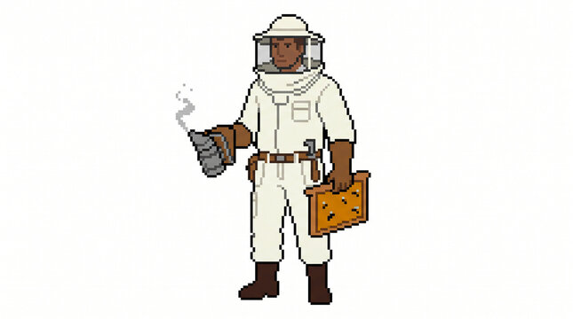 Pixel Art Beekeeper Apiarist Holding Bee Smoker and Honeycomb Frame