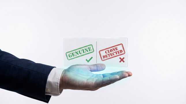 Businessman using AI fraud detection technology to identify genuine elements and prevent clone threats in virtual cybersecurity operations