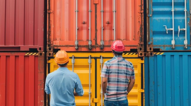 Professionals wearing safety helmets stand before a diverse array of red orange yellow and blue cargo containers engaged in planning and overseeing ope ns at a busy logistics hub