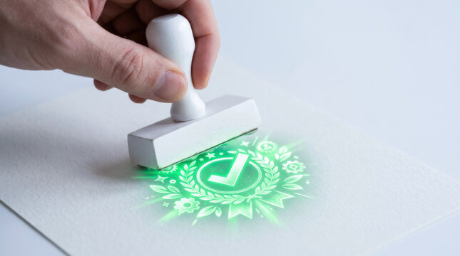 Quality audit approval stamp with glowing green check mark symbol representing successful inspection and certification process