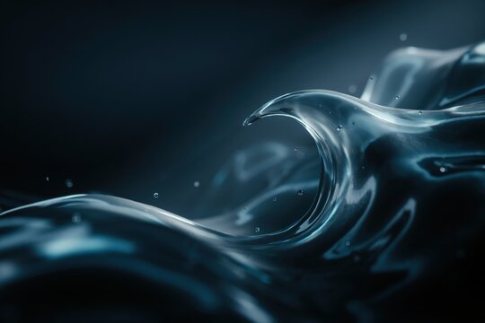 Abstract liquid wave of clear blue water with splashing droplets and smooth flowing curves captured in a dark moody lighting environment