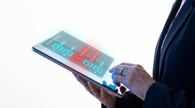 Businesswoman interacting with digital tablet for security system AI fraud detection, blocking deepfake and voice cloning threats