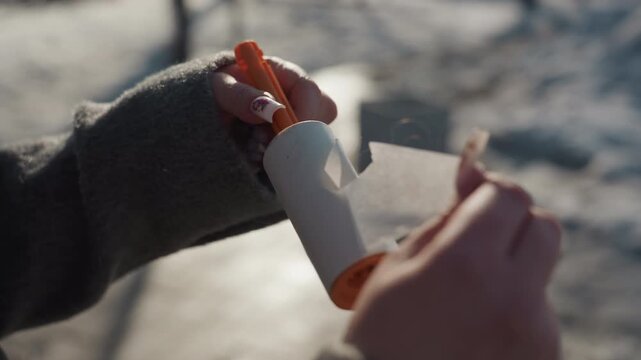 Closeup hands peeling adhesive strip outdoors, orange handle roll, slow reveal of sticky layers, nail art flicks tab, candid urban sidewalk, focused meticulous motion, pretty satisfying reveal