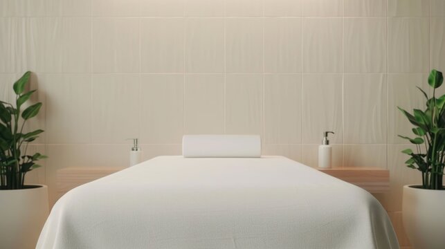 Tranquil spa treatment room with a white massage bed green potted plants and dispensers bathed in soft light against a neutral tiled wall creating a serene and relaxing atmosphere for wellness