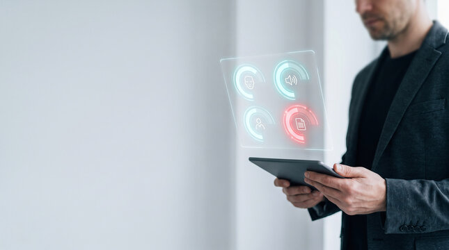 Executive analyzing virtual interface for AI fraud detection, identifying deepfake risks and voice cloning security threats with tablet