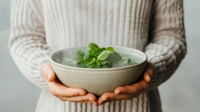 Close up of hands holding a warm ceramic bowl containing hot water with fresh mint leaves and rising steam evoking aromatherapy relaxation and healthy hyd n for wellbeing