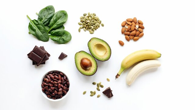 Variety of nutritious healthy foods arranged on white background featuring avocado banana dark chocolate seeds chocolate superfood