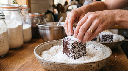Fototapeta premium Hands rolling a traditional Australian chocolate lamington cake in coconut.