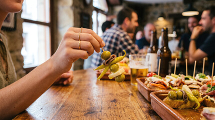 Fototapeta premium Woman holding a traditional Basque Gilda pintxo skewer at a bar counter