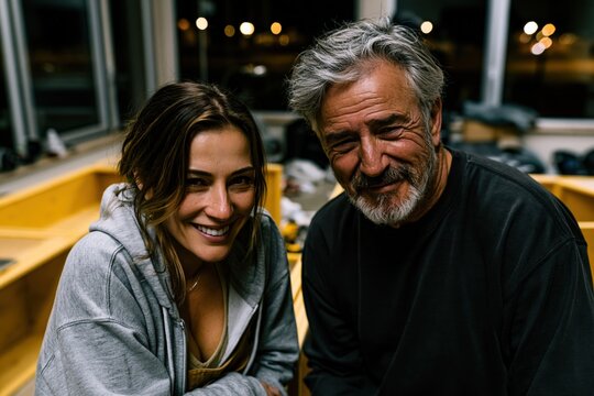 Authentic lifestyle commercial photo of couple laughing genuinely while assembling wooden furniture on floor in cozy living room.