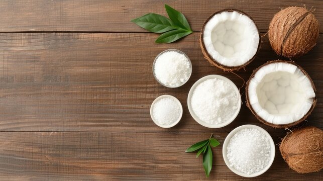 Rustic wooden table with overhead flat lay of coconuts bowls of white coconut flakes and sea salt suggesting spa treatments beauty products or healthy food prepa n