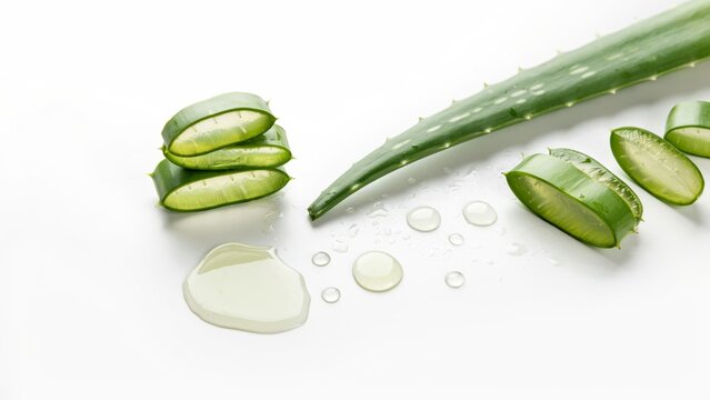 Fresh aloe vera plant leaves sliced open with gel drops on white background skincare cosmetic moisturizer treatment soothing