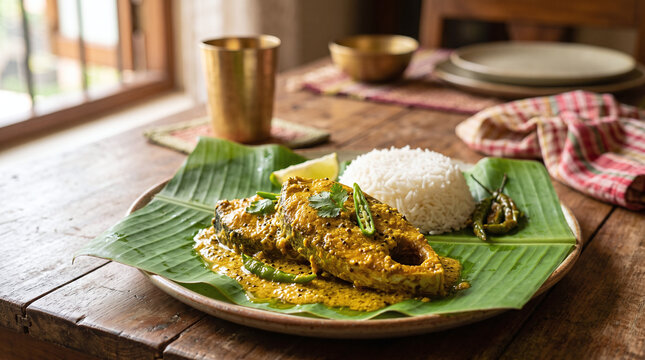Traditional Bengali Shorshe Ilish mustard hilsa fish curry served with rice.