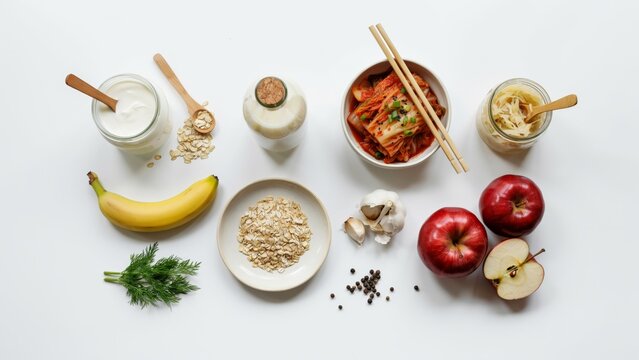 Collection of nutritious breakfast foods and ingredients on white background with breakfast nutrition lifestyle ingredients