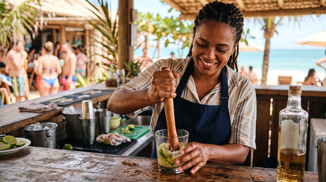 Smiling bartender preparing a fresh lime caipirinha cocktail at a beach bar