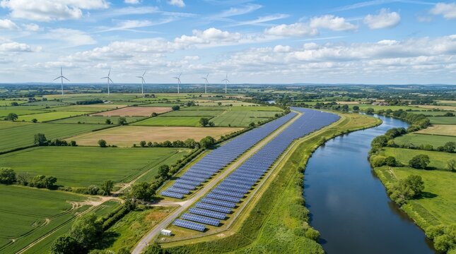 Aerial view of solar farm along river with wind turbines