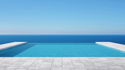 Fototapeta premium An elegant minimalist infinity pool with a white deck meets the vast blue ocean and clear sky at the horizon offering a sense of boundless tranquility and luxurious escape