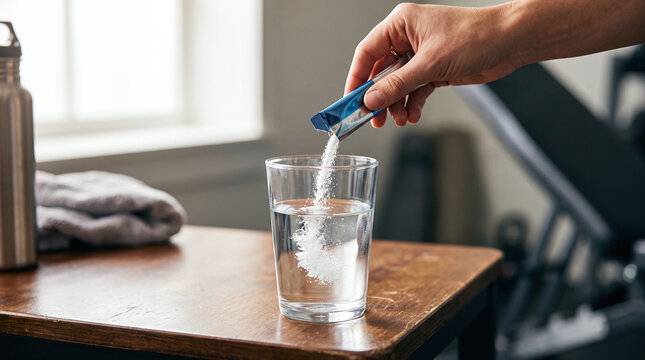 Hand pouring electrolyte powder from a blue packet into a glass of water.