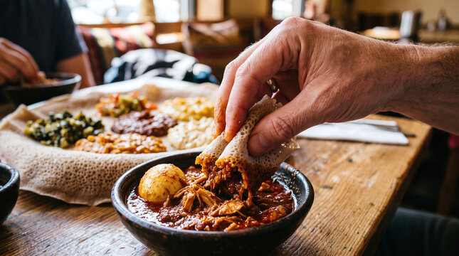 Hand scooping traditional Ethiopian doro wat chicken stew with injera bread.