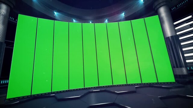 Futuristic Virtual Broadcast Newsroom Set with Curved Green Screen Panel Mockup and Blue Sci-Fi Digital Stage Environment