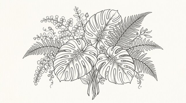 Monstera and fern botanical illustration